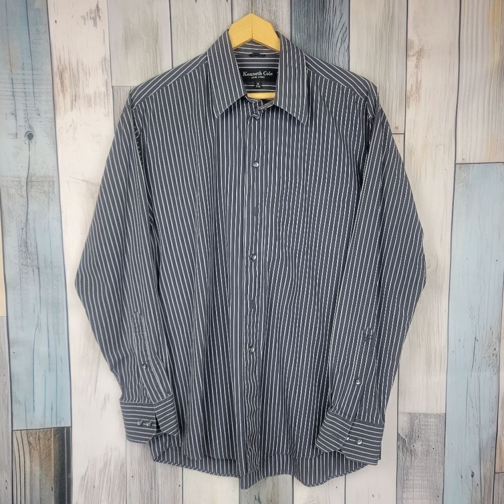 Kenneth Cole Black White Stripe Long Sleeve Button Down Dress Shirt 16 34/35